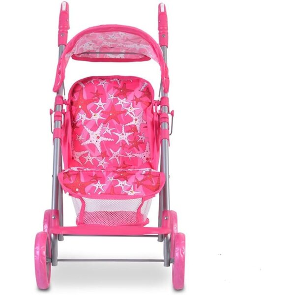 Carrozzina per Bambole Moni Stars 9351 Rosa Pieghevole con Schienale e Maniglie Regolabili