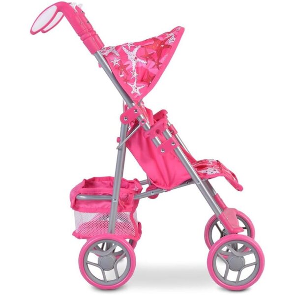 Carrozzina per Bambole Moni Stars 9351 Rosa Pieghevole con Schienale e Maniglie Regolabili