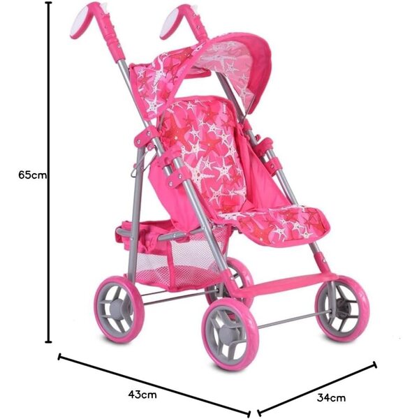 Carrozzina per Bambole Moni Stars 9351 Rosa Pieghevole con Schienale e Maniglie Regolabili