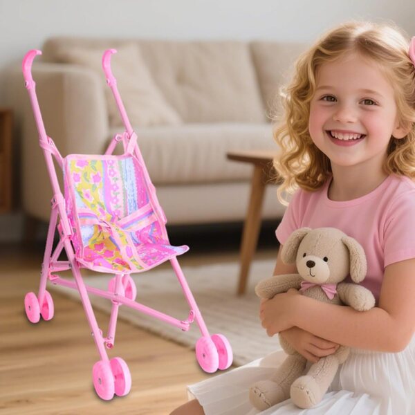 Realistischer rosa Spielzeug-Kinderwagen für Kinder – Imitations- und Fantasy-Spiele