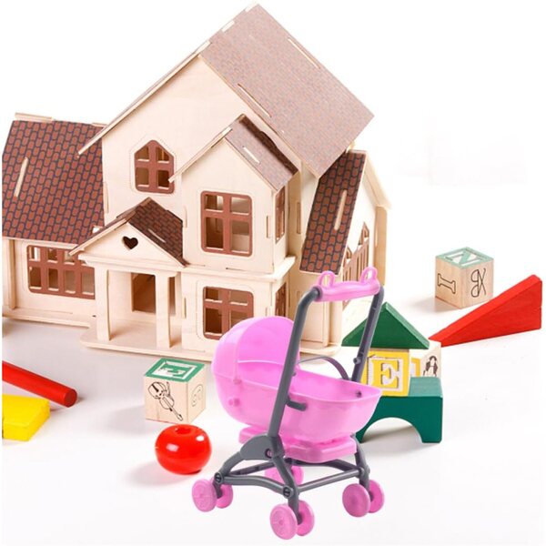 Set mit 2 rosa Kinderwagenspielzeugen aus Kunststoff für Puppenhäuser und fantasievolle Spiele