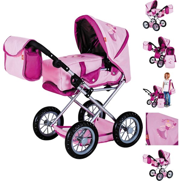 KNORRTOYS.COM Rubinrosa Puppenwagen mit verstellbarem Verdeck und Zubehör