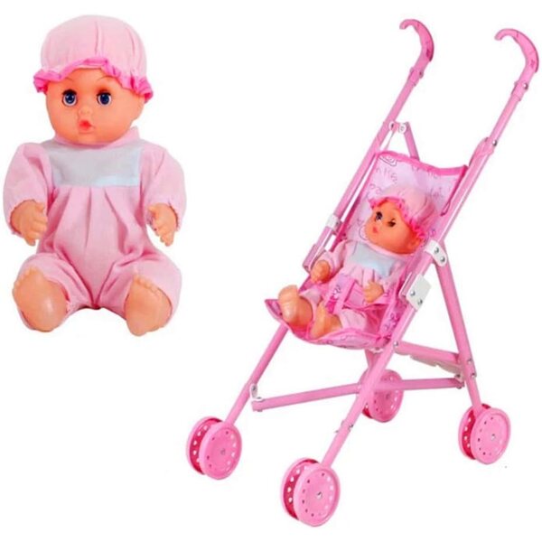 Bambola con passeggino rosa, set gioco di ruolo per bambini, 36x23x50 cm