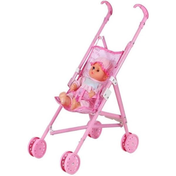 Bambola con passeggino rosa, set gioco di ruolo per bambini, 36x23x50 cm