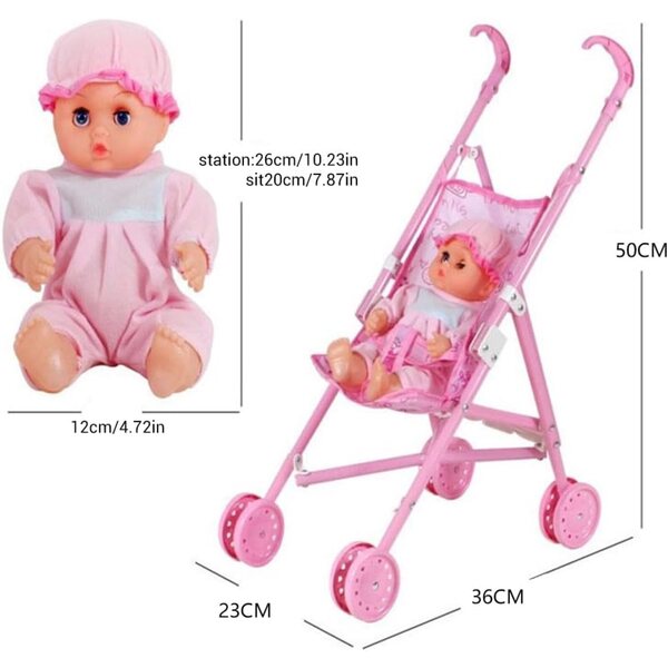 Bambola con passeggino rosa, set gioco di ruolo per bambini, 36x23x50 cm