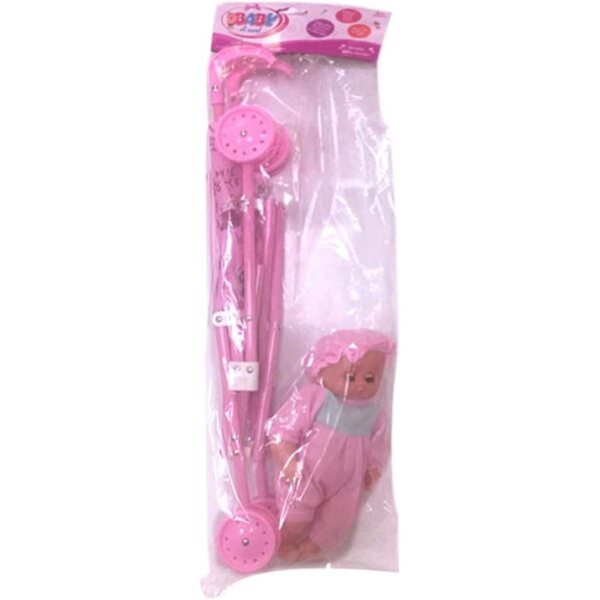 Bambola con passeggino rosa, set gioco di ruolo per bambini, 36x23x50 cm
