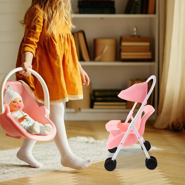 Rosa Kinderwagen für Plastikpuppen - Puppenhauszubehör 42x26x25 cm