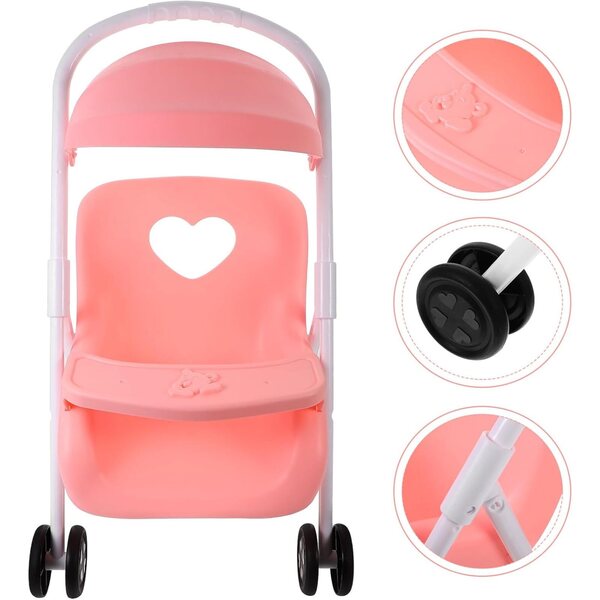 Rosa Kinderwagen für Plastikpuppen - Puppenhauszubehör 42x26x25 cm