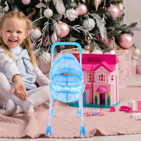 Leichter und kompakter Spielzeug-Kinderwagen für Puppen mit geräumigem Staufach
