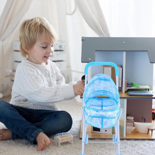 Leichter und kompakter Spielzeug-Kinderwagen für Puppen mit geräumigem Staufach