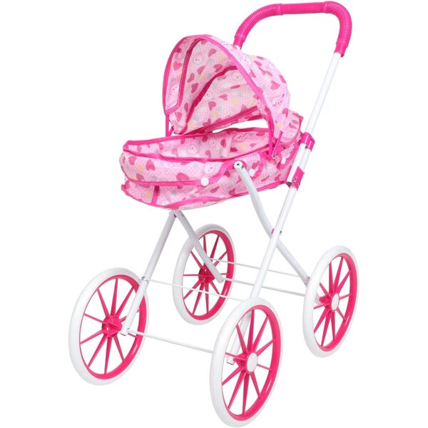 Rosa Spielzeug-Kinderwagen für Puppen mit viel Platz und interaktivem Zubehör