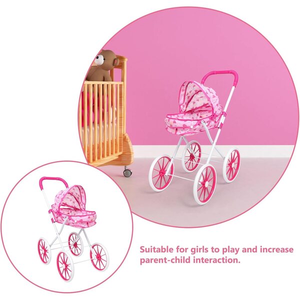 Rosa Spielzeug-Kinderwagen für Puppen mit viel Platz und interaktivem Zubehör