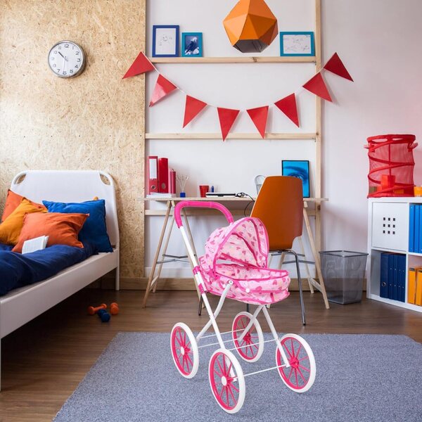 Rosa Spielzeug-Kinderwagen für Puppen mit viel Platz und interaktivem Zubehör