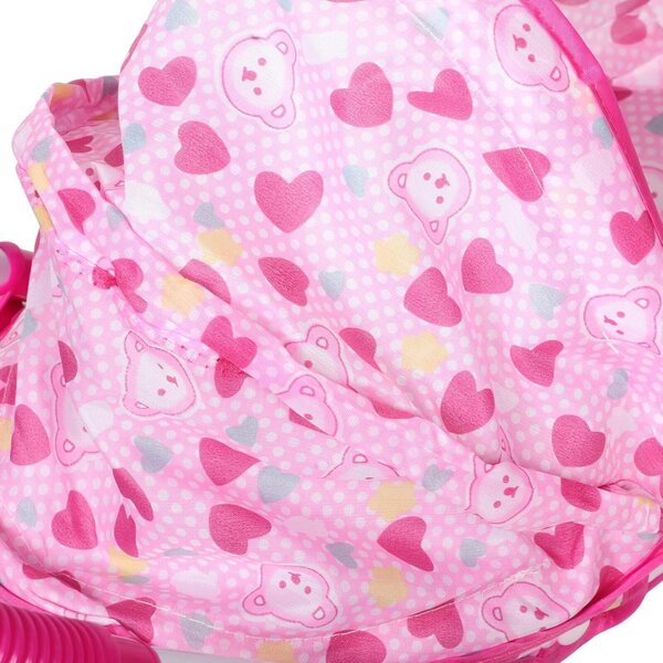 Rosa Spielzeug-Kinderwagen für Puppen mit viel Platz und interaktivem Zubehör