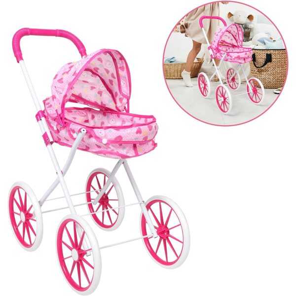 Rosa Spielzeug-Kinderwagen für Puppen mit viel Platz und interaktivem Zubehör