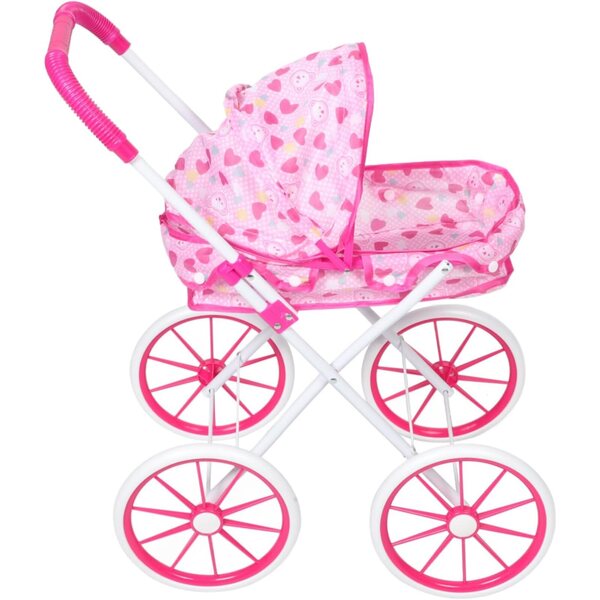Rosa zusammenklappbarer Kinderwagen mit realistischem Design und Zubehör für die motorische Entwicklung von Kindern