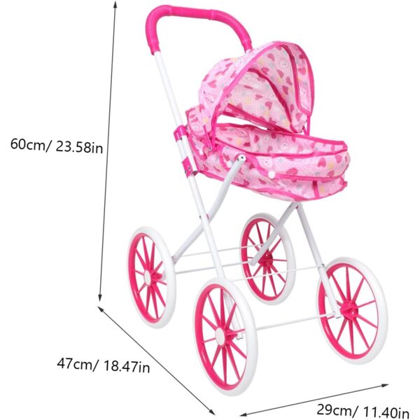 Rosa zusammenklappbarer Kinderwagen mit realistischem Design und Zubehör für die motorische Entwicklung von Kindern