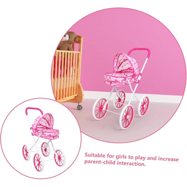 Rosa zusammenklappbarer Kinderwagen mit realistischem Design und Zubehör für die motorische Entwicklung von Kindern
