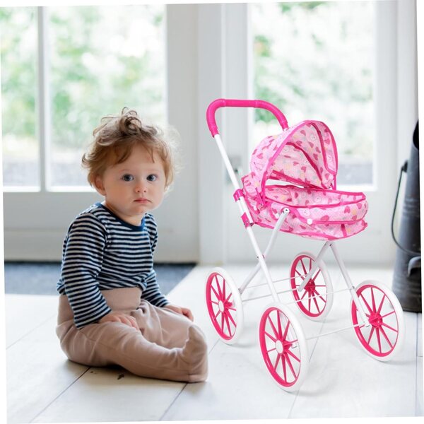 Rosa zusammenklappbarer Kinderwagen mit realistischem Design und Zubehör für die motorische Entwicklung von Kindern