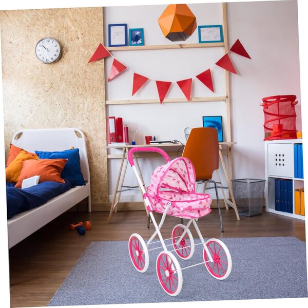 Rosa zusammenklappbarer Kinderwagen mit realistischem Design und Zubehör für die motorische Entwicklung von Kindern