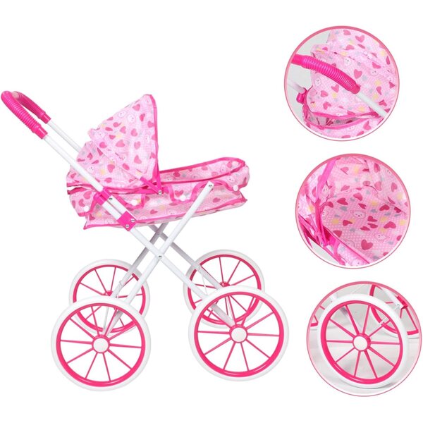 Rosa zusammenklappbarer Kinderwagen mit realistischem Design und Zubehör für die motorische Entwicklung von Kindern