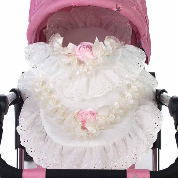 2-teiliges Bettwäscheset für den Puppenwagen Rome, cremefarbene und rosa Steppdecke und Kissen