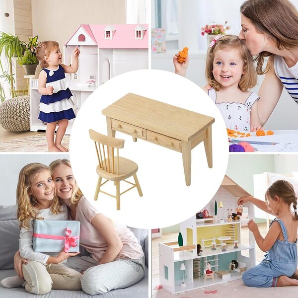 1/12 Miniatur-Möbelset für Puppenhaus in Birke mit Tisch und Stuhl