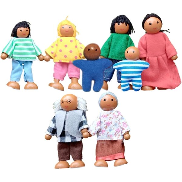 Puppenhaus-Familienset aus Holz, Stoff und Seil – 8 Minifiguren