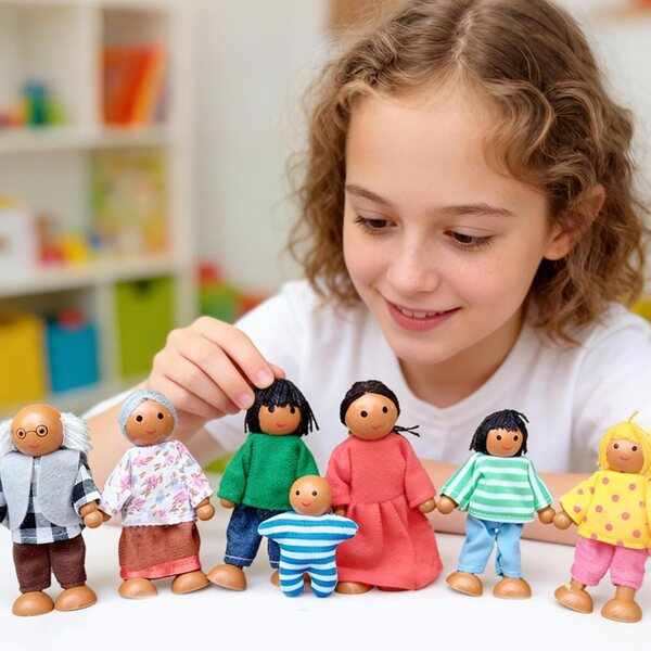 Puppenhaus-Familienset aus Holz, Stoff und Seil – 8 Minifiguren