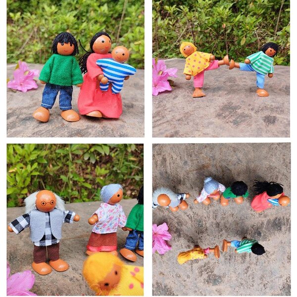Puppenhaus-Familienset aus Holz, Stoff und Seil – 8 Minifiguren
