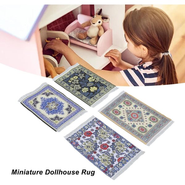 Puppenhaus-Miniatur-Vintage-Teppich 1:12 – 4-teiliges waschbares Set mit Blumendruck