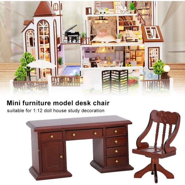 Set Sedie e Scrivania in Legno Vintage Scala 1:12 per Casa delle Bambole Tnfeeon