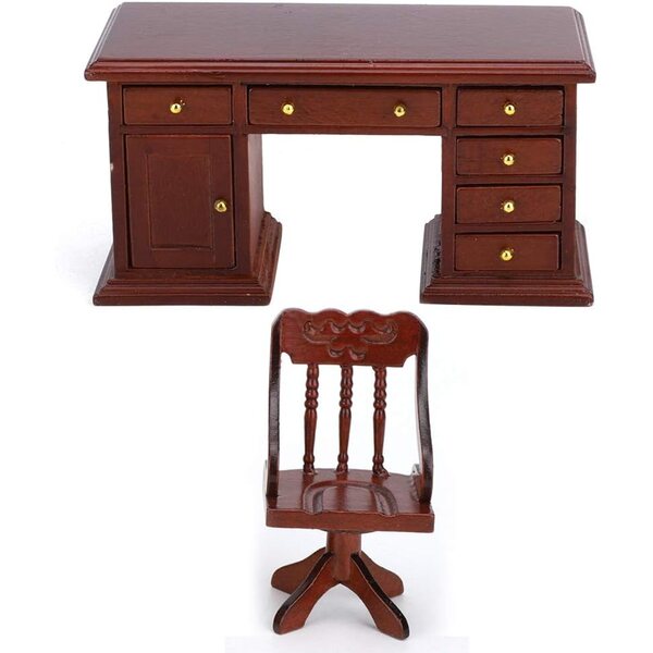 Set Sedie e Scrivania in Legno Vintage Scala 1:12 per Casa delle Bambole Tnfeeon