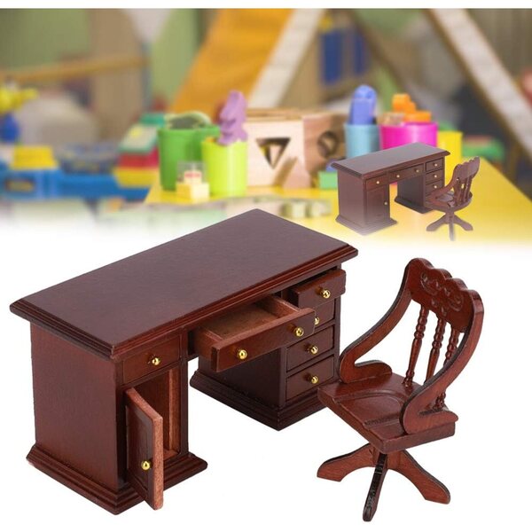 Set Sedie e Scrivania in Legno Vintage Scala 1:12 per Casa delle Bambole Tnfeeon