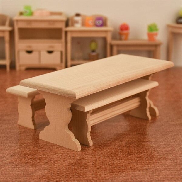 Casa delle bambole in legno 1:12 con tavolo e panchine, set accessori sicuri e creativi