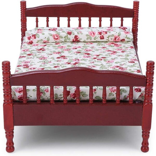 Letto in Legno per Casa delle Bambole 1:12 con Motivi Floreali - Marrone o Bianco