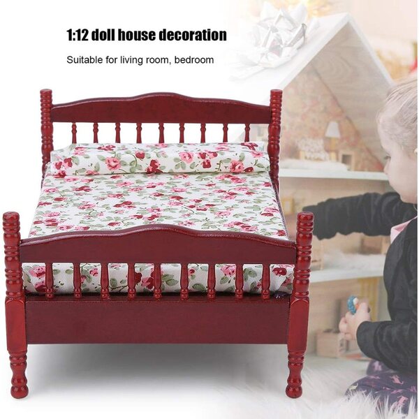 Letto in Legno per Casa delle Bambole 1:12 con Motivi Floreali - Marrone o Bianco