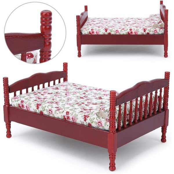 Letto in Legno per Casa delle Bambole 1:12 con Motivi Floreali - Marrone o Bianco