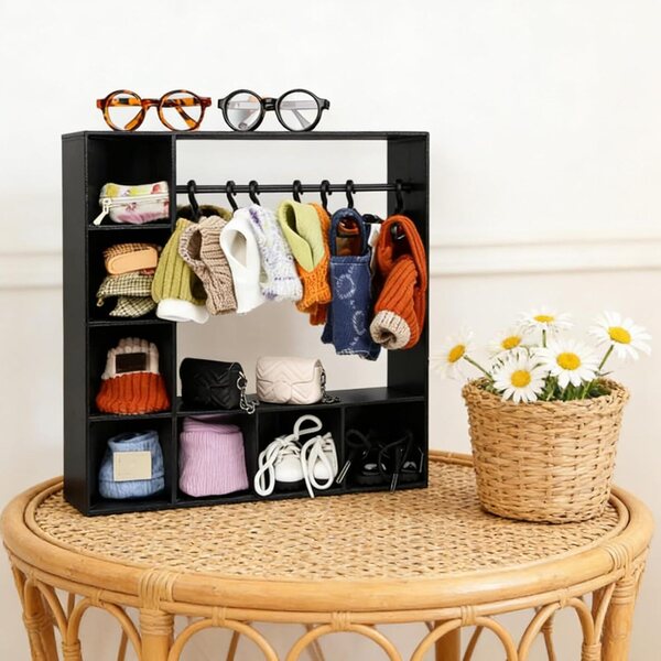 Armadio per Bambole con 10 Grucce in Plastica Nero - Organizer Accessori Bambole