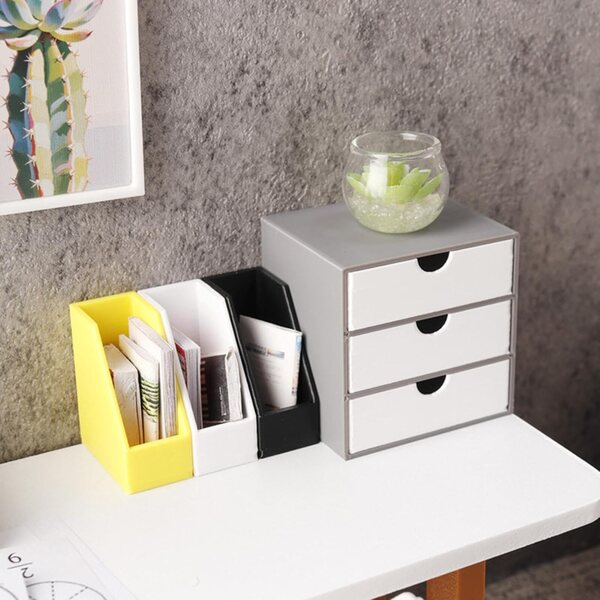 1/12 Mini-Bücherregal für Puppenhäuser mit aufklappbaren Schubladen, realistische Dekoration