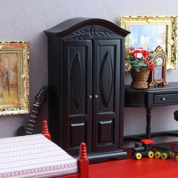 1:12 Mini-Kleiderschrank aus schwarzem Holz für Puppenhaus, Vintage-Doppeltür
