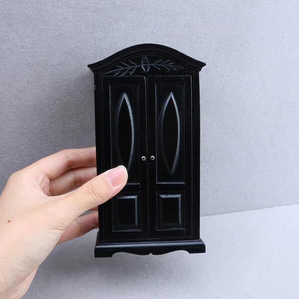 1:12 Mini-Kleiderschrank aus schwarzem Holz für Puppenhaus, Vintage-Doppeltür