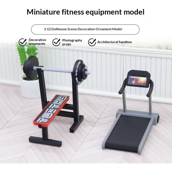 Mini-Puppenhaus 1:12 Fitnessgeräte, Laufband und Langhantel