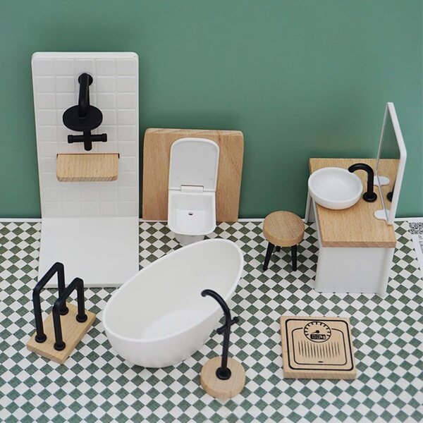 Mini lavanderia per casa delle bambole con mobili da bagno realistici in legno e PP