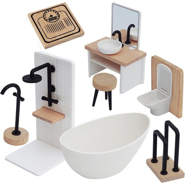 Mini lavanderia per casa delle bambole con mobili da bagno realistici in legno e PP