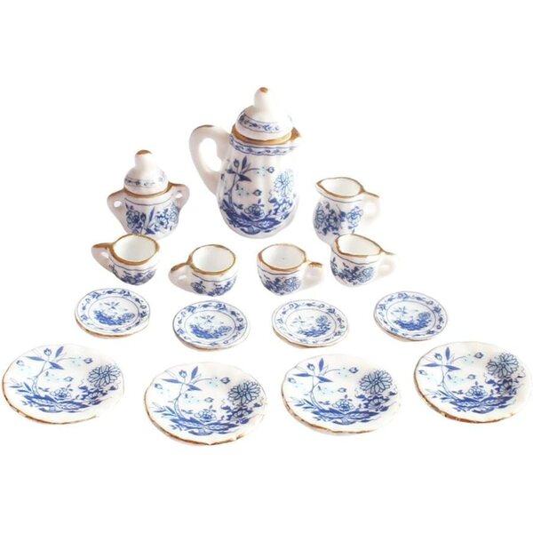 Mini-Keramikgeschirr-Set im Maßstab 1:12 mit blauer Blume, dekoratives Ornament für zu Hause