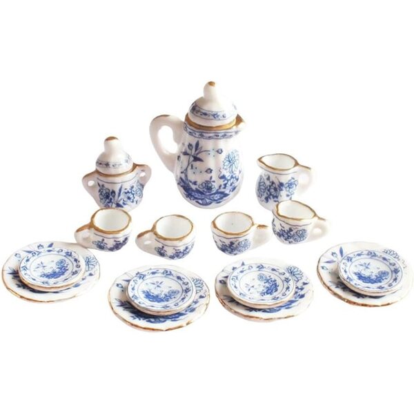Mini-Keramikgeschirr-Set im Maßstab 1:12 mit blauer Blume, dekoratives Ornament für zu Hause