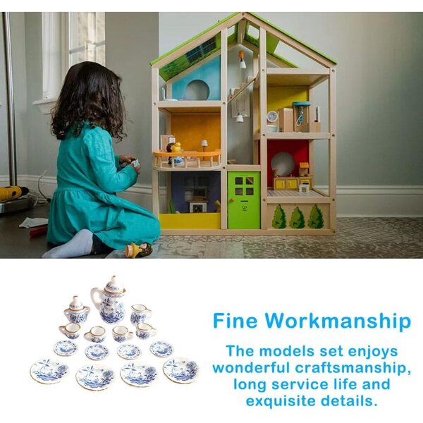 Mini-Keramikgeschirr-Set im Maßstab 1:12 mit blauer Blume, dekoratives Ornament für zu Hause