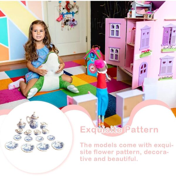 Mini-Keramikgeschirr-Set im Maßstab 1:12 mit blauer Blume, dekoratives Ornament für zu Hause