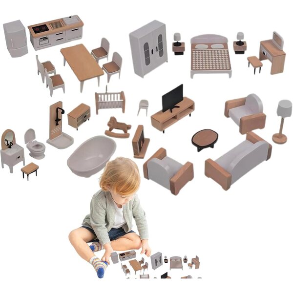Holzmöbel-Set für Puppenhäuser – Kreativspiel für Kinder im Vorschulalter